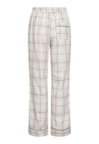 Letternede, cremede bukser med et ternet mønster i pink og beige. Har en elastisk talje og en enkelt baglomme.