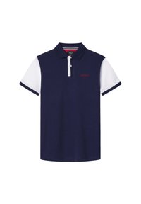 Marinblå polo med korta vita ärmar och krage, med en tvåknapps placket och en röd broderad logotyp på bröstet.