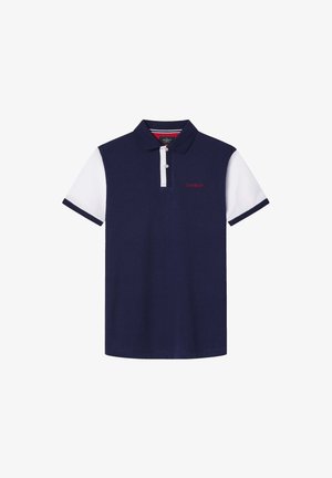 Granatowa koszulka polo z białymi krótkimi rękawami i kołnierzykiem, z dwu guzikowym zapięciem oraz czerwonym haftowanym logo na piersi.