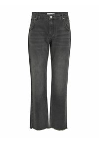 Vaqueros negros de cintura alta con dobladillo acampanado, borde sin rematar, bolsillos frontales y costuras en contraste, confeccionados en tela de mezclilla.