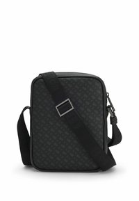 Black rectangular shoulder bag with a textured pattern, adjustable strap, and silver hardware. Smooth finish with a zip closure.