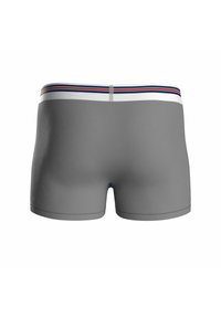 Boxer grigi da uomo con fascia in vita bianca con strisce orizzontali blu e rosse, mostrati da dietro.