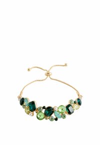 Gold bracelet with multicolored gemstones in green and teal hues. Features a sliding clasp and a mix of round and oval shapes.