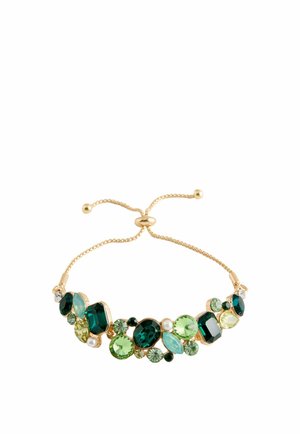Gold bracelet with multicolored gemstones in green and teal hues. Features a sliding clasp and a mix of round and oval shapes.