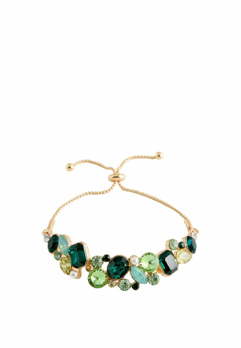 Gold bracelet with multicolored gemstones in green and teal hues. Features a sliding clasp and a mix of round and oval shapes.