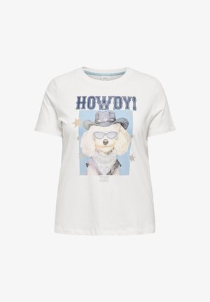 Fehér pamut póló, amelyen egy napszemüveges és cowboy kalapos kutya grafikája látható, alatta a "HOWDY!" és a "TEXAS RODEO" felirat.