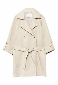 Trench-coat beige à double boutonnage avec larges revers, ceinture nouée à la taille et manches retroussées. Comprend deux poches avant.
