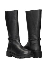 Een paar zwarte leren kniehoog boots met lugzolen, ronde neuzen en trekbandjes aan de achterkant, weergegeven op een witte achtergrond.