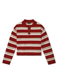 Maglione a maglia corto con strisce orizzontali rosse, beige e bianche, colletto a polo e pattina con tre bottoni. Orlo a coste testurizzato.