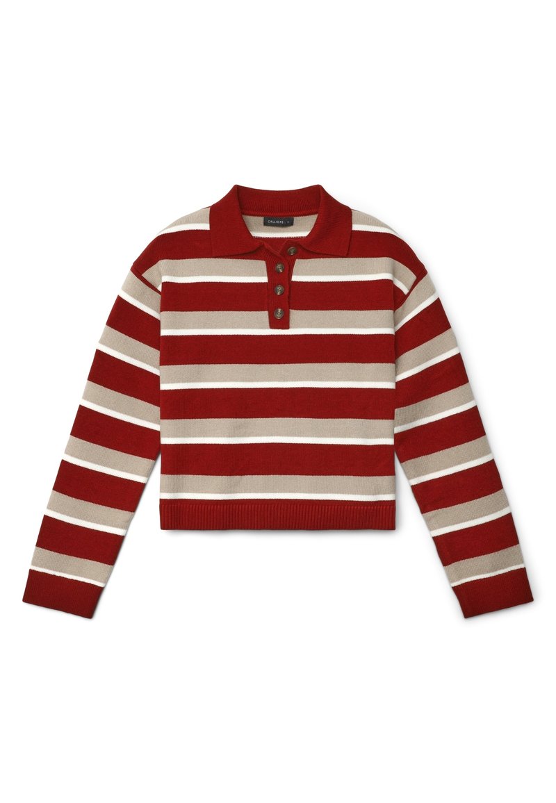Maglione a maglia corto con strisce orizzontali rosse, beige e bianche, colletto a polo e pattina con tre bottoni. Orlo a coste testurizzato.