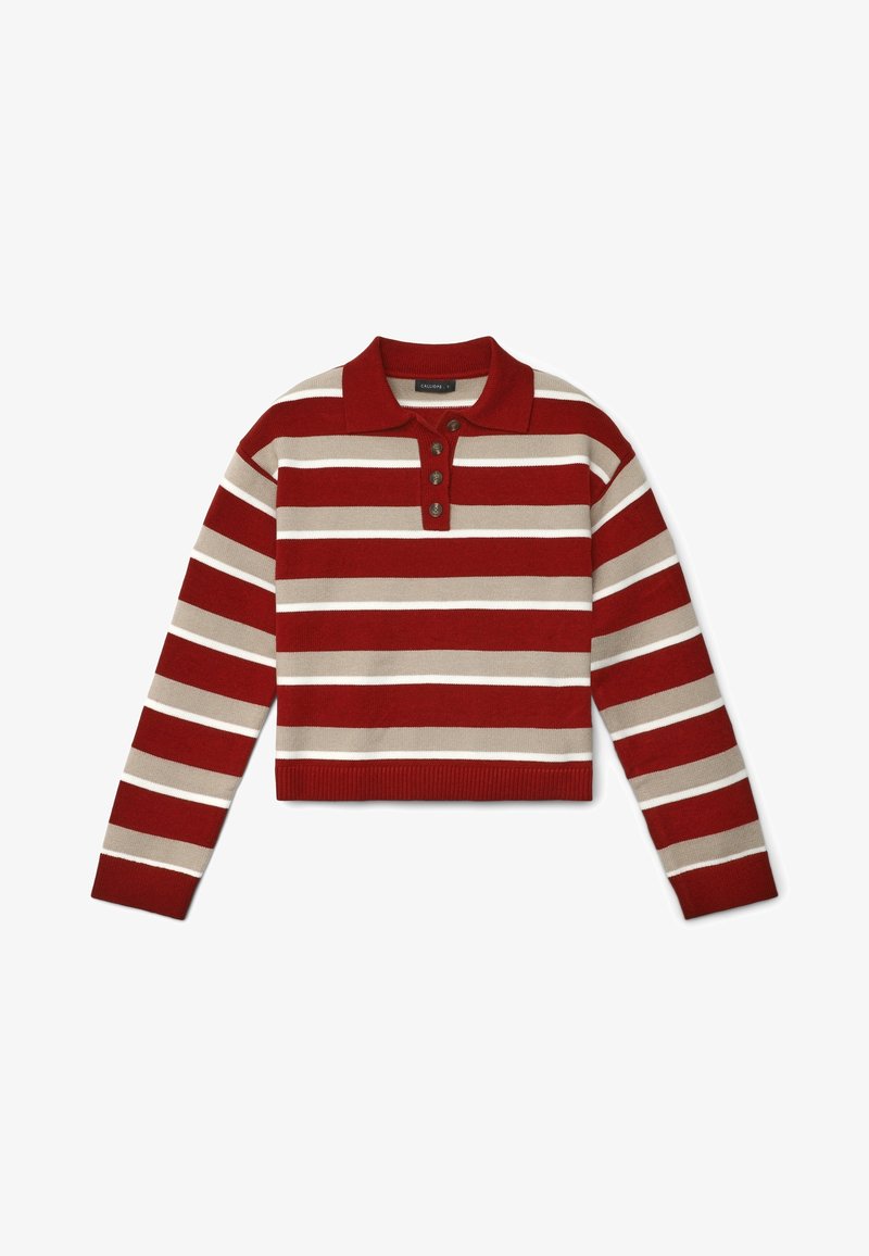 Gekürzter Strickpullover mit horizontalen Streifen in Rot, Beige und Weiß, einem Polokragen und einer Knopfleiste mit drei Knöpfen. Strukturierter gerippter Saum.