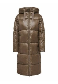 Puffer bunda v tmavě hnědém, lesklém provedení. Má kapuci, dlouhé rukávy a vertikálně prošívané panely. Přední zip a boční kapsy.