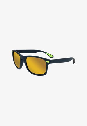 Occhiali da sole rettangolari opachi neri con lenti specchiate gialle e dettagli verde neon sulle aste e sui bordi della montatura.