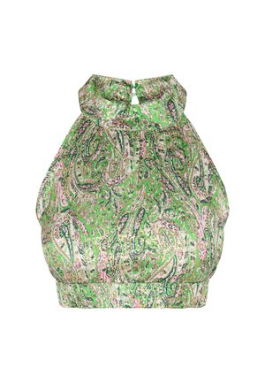 Green paisley-patterned halter top with a high collar, keyhole back, and smocked detailing along the hem. Made from lightweight fabric.