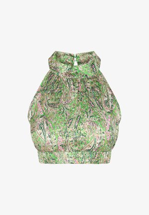Zaļš paisley raksta halter top ar augstu apkakli, atslēgas caurumu aizmugurē un smock detaļām gar apakšu. Izgatavots no viegla auduma.