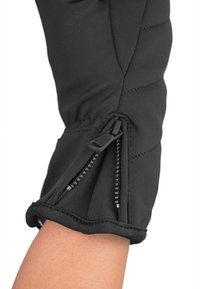 Black insulated glove with a quilted design, featuring a side zipper and elastic cuff for a snug fit. Smooth fabric texture on the exterior.
