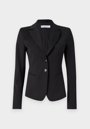 Zwarte blazer met een notch-revers, sluiting met twee knopen aan de voorkant en twee zijzakken. Perfecte pasvorm met gladde stof en subtiele geweven voering.