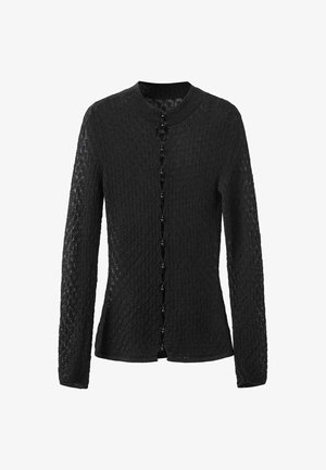 Cárdigan negro de punto con mangas largas, escote redondo, patrón texturizado y cierre delantero de botones con pequeños botones redondos.