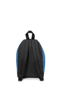 Backpack with a blue front and black back, featuring padded black shoulder straps and a top handle for carrying. Smooth texture.