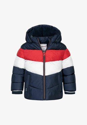 Veste matelassée avec capuche, présentant des rayures horizontales bleu marine, rouge et blanche. Fermeture éclair, poignets élastiques et poches avant. Texture douce.