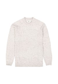 Pull léger gris avec un motif de tricot texturé, col rond, et finitions côtelées aux poignets et à l'ourlet. Présente des éclats sombres répartis sur le tissu.