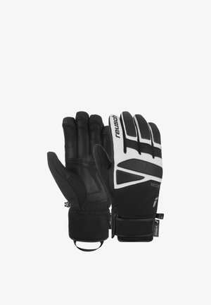 Guantes en blanco y negro con palma de cuero, dedos acolchados y correa ajustable en la muñeca. Presentan acentos texturizados y un puño cosido.