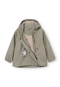 Khakifarbene wasserdichte Jacke mit Kapuze, Druckknopf- und Reißverschluss, elastischen Bündchen und beiger Innenauskleidung mit einem Reißverschluss-Zip mit Stern.