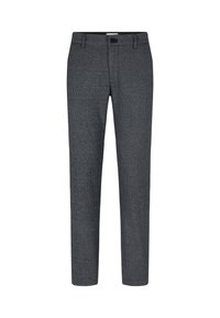 Graue und schwarze schmal karierten Slim-Fit-Anzughose mit Gürtelschlaufen und einem Frontknopfverschluss.