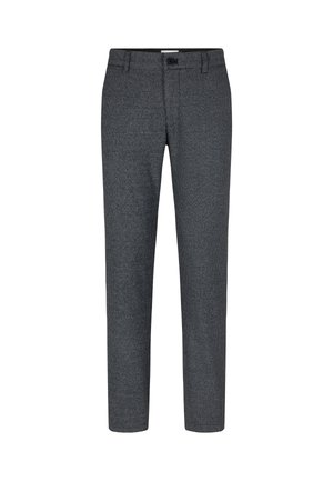 Grijze en zwarte kleine geruite slim-fit op maat gemaakte broeken met ceintuurlussen en een voorste knoopsluiting.