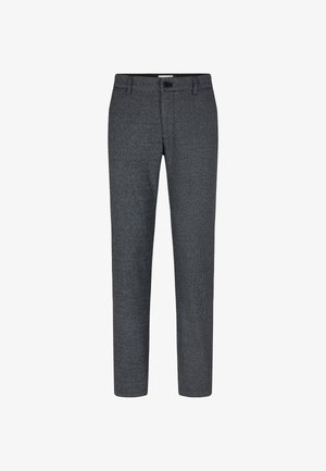 Graue und schwarze schmal karierten Slim-Fit-Anzughose mit Gürtelschlaufen und einem Frontknopfverschluss.