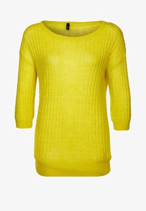 Pull en tricot jaune vif avec manches trois-quarts et encolure ronde, présentant un motif texturé ainsi qu'un ourlet et des poignets côtelés.