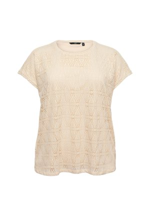 Beiges kurzärmeliges Strickoberteil mit diamantförmigem Spitzenmuster und rundem Ausschnitt, lockere Passform.
