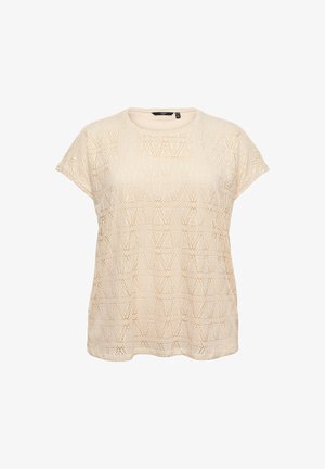 Beiges kurzärmeliges Strickoberteil mit diamantförmigem Spitzenmuster und rundem Ausschnitt, lockere Passform.
