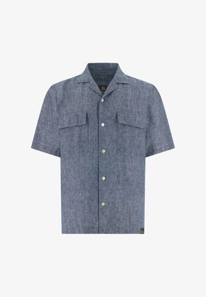 Blaues kurzärmliges Hemd mit Knopfleiste, zwei Brusttaschen und einem Camp-Kragen, gefertigt aus strukturiertem Stoff.