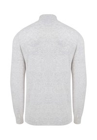 Jasnoszary sweter dziany z wysokim kołnierzem, długimi rękawami i ściągaczami przy mankietach. Charakteryzuje się miękką fakturą oraz prostym, klasycznym designem.