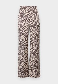 Wide-leg trousers made of lightweight fabric featuring a beige background with brown zebra stripes and a flat waistband.