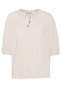 Světlá růžová blůza s texturovanou, krčenou tkaninou, kulatým výstřihem a detailem na zavazování. Krátké nabírané rukávy se stahují u zápěstí.