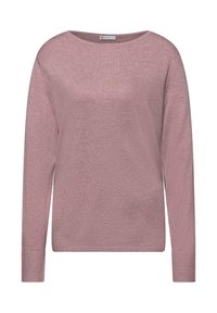 Maglione lungo a maniche lunghe rosa chiaro con scollo a girocollo. Realizzato in un morbido tessuto testurizzato. Presenta polsini a coste e un orlo dritto.
