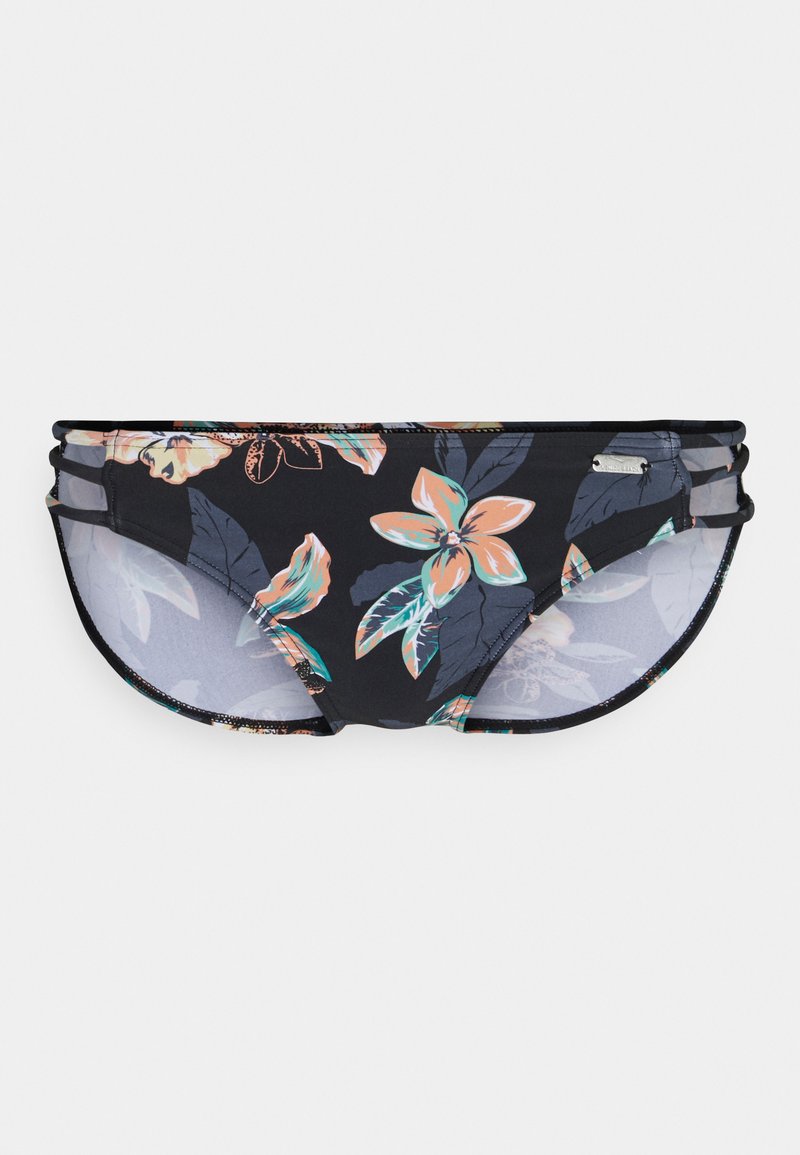 Bas de bikini noir avec imprimé floral pêche et sarcelle et triple lanières latérales, présenté sur un fond gris clair uni.