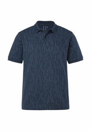 Donkerblauw poloshirt met korte mouwen, voorzien van een subtiel patroon met verticale lijnen en een kraag met een knoopsluiting met twee knopen.