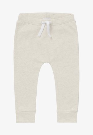 Light beige sweatpants with a soft texture, elastic waistband, and white drawstring; features ribbed cuffs at the ankles.