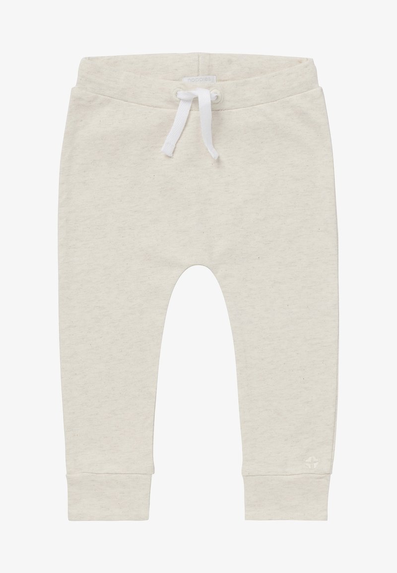 Lichtbeige sweatpants met een zachte textuur, elastische tailleband en witte trekkoorden; voorzien van ribgebreide boorden bij de enkels.
