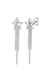 Silver stjärnformade örhängen med klara kristaller, prydda med hängande silverkedjor. Slät yta med en polerad finish.
