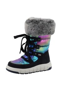 Wandelboots met een glanzende iriserende synthetische bovenkant, een grijze nepbont manchet, zwarte veters en een gestructureerde witte rubberen zool.