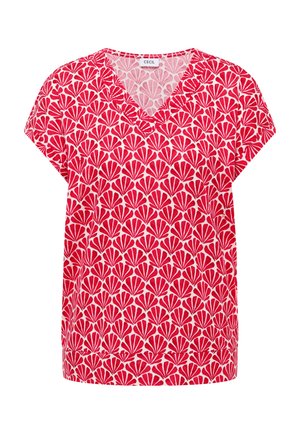 Top rosso e rosa a maniche corte con scollo a V, motivo a ventaglio ripetuto e vestibilità ampia.