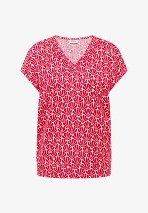 Rood-roze korte mouw V-hals top met herhalend waaierpatroon en losse pasvorm.