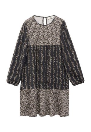 Abito floreale scuro con scollo rotondo, maniche lunghe a sbuffo, design a balze e apertura posteriore a V. Il materiale sembra leggero.