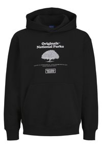 Schwarzer Hoodie mit Kängurutasche, mit einem weißen grafischen Logo eines Baumes und dem Text: "Originals National Parks" und "Nationalpark."
