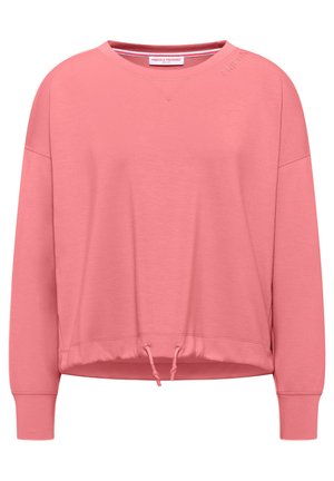 Roze sweater met V-hals, lange mouwen en een trekking onderrand. Gemaakt van zachte stof, met ribgebreide boorden en een reliëflogo.