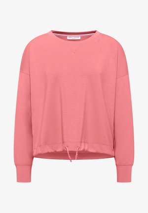 Roze sweater met V-hals, lange mouwen en een trekking onderrand. Gemaakt van zachte stof, met ribgebreide boorden en een reliëflogo.